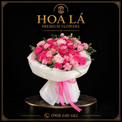 Bó Hoa Hồng Sofia Mix Kem Dâu & Cẩm Chướng - Giấy Trắng Kem Nhẹ Nhàng