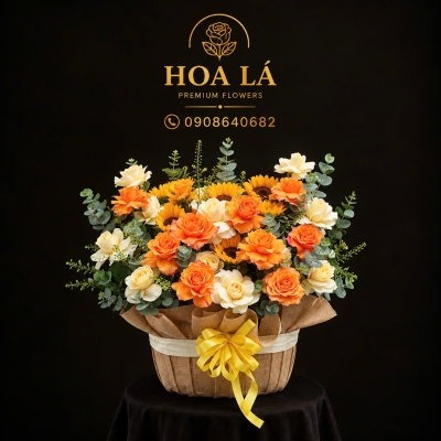 Nắng Mai - Giỏ Hoa Hồng Vàng Victor Mix Hồng Cam Sang Trọng