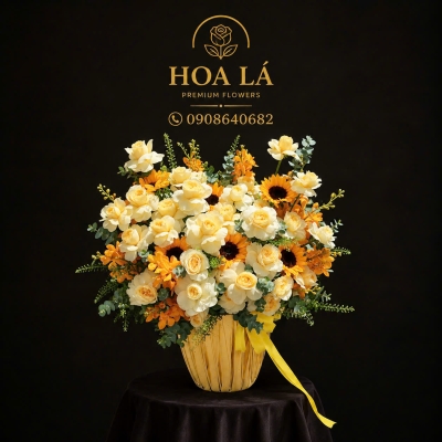 Phát Tài - Bình Hoa Hồng Vàng Victor Mix Hướng Dương Sang Trọng